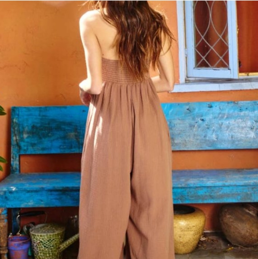 Brown Wide Leg Strapless 100% Cotton Gauzy Jumpsuit Summer Beach Resortwear Lg. - Picture 5 of 11